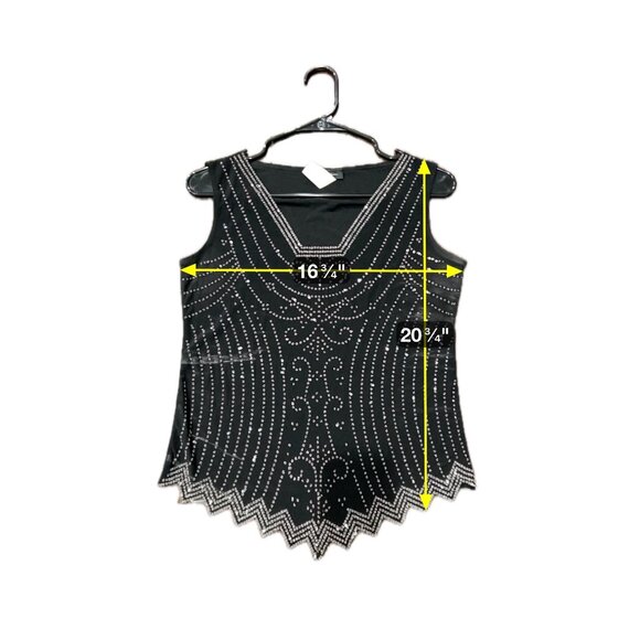 S Levine Black Beaded Sleeveless Top V-Neck Zigzag Hem Size M Statement Sparkle - Picture 6 of 8